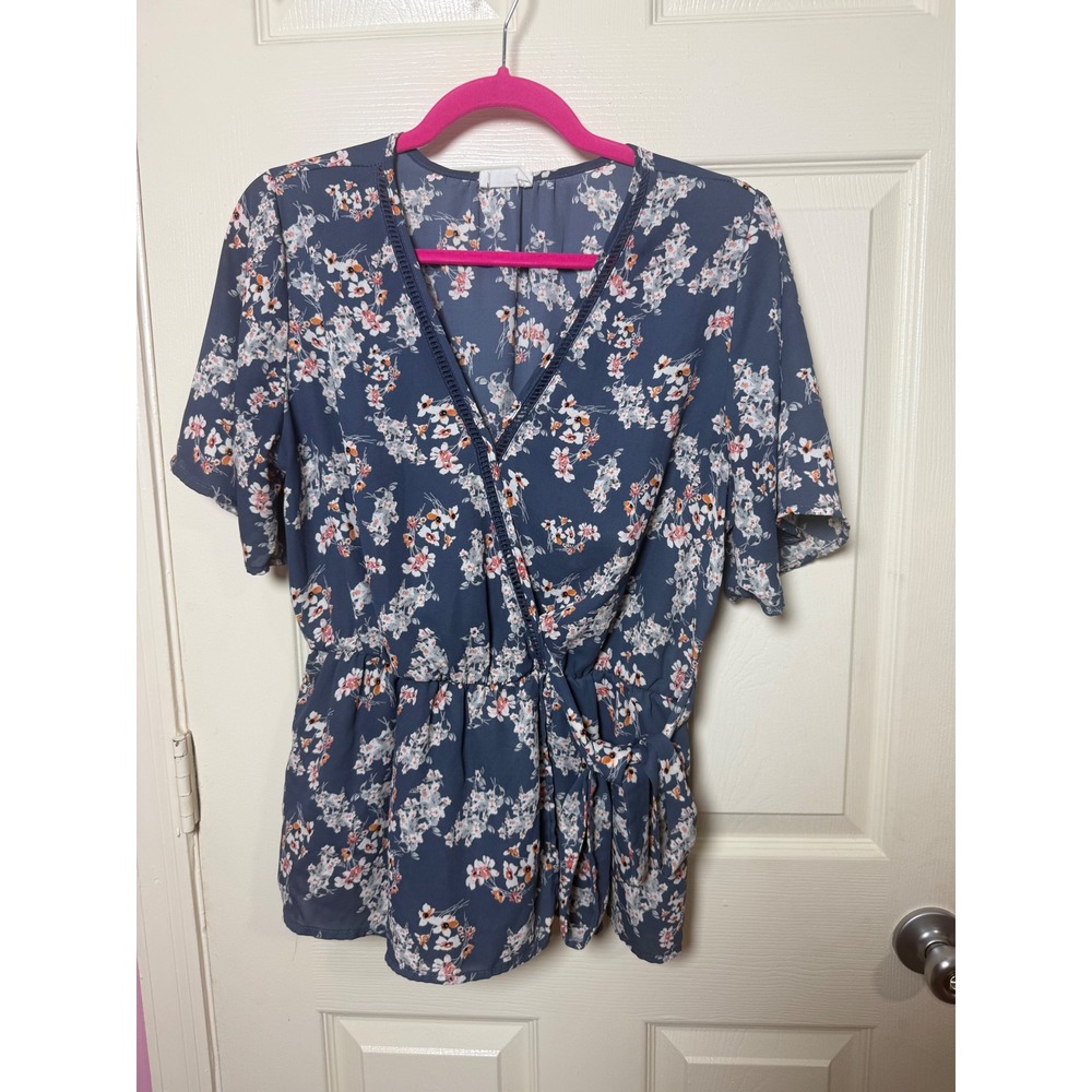 Sienna Sky Womens Floral Wrap Peplum Top Blue Short Sleeve V-Neck Blouse Large